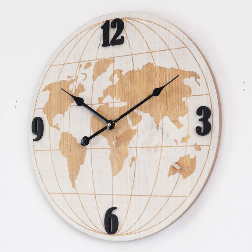 Mdf Wall Clock World Map Golden White Backgroup Decoration 