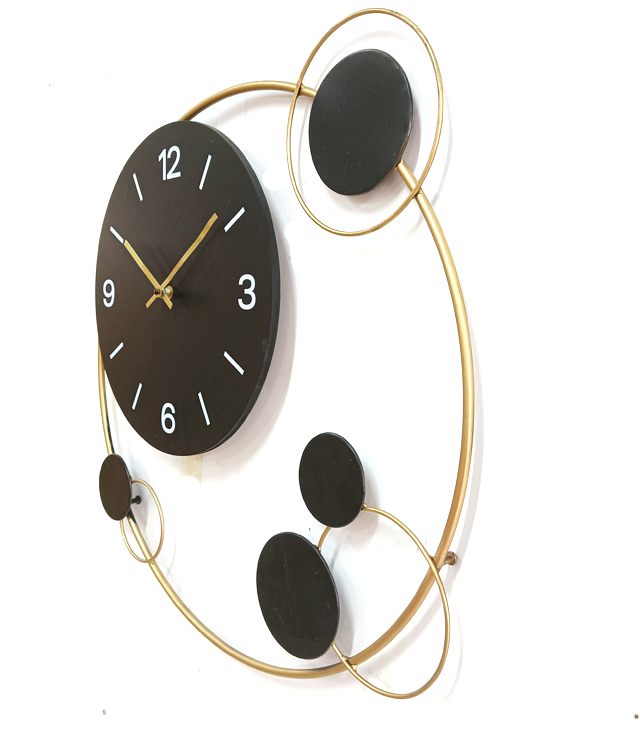 Black Clock Face With Printed White Numbers Golden Metal Tube Decoration Modern Design 